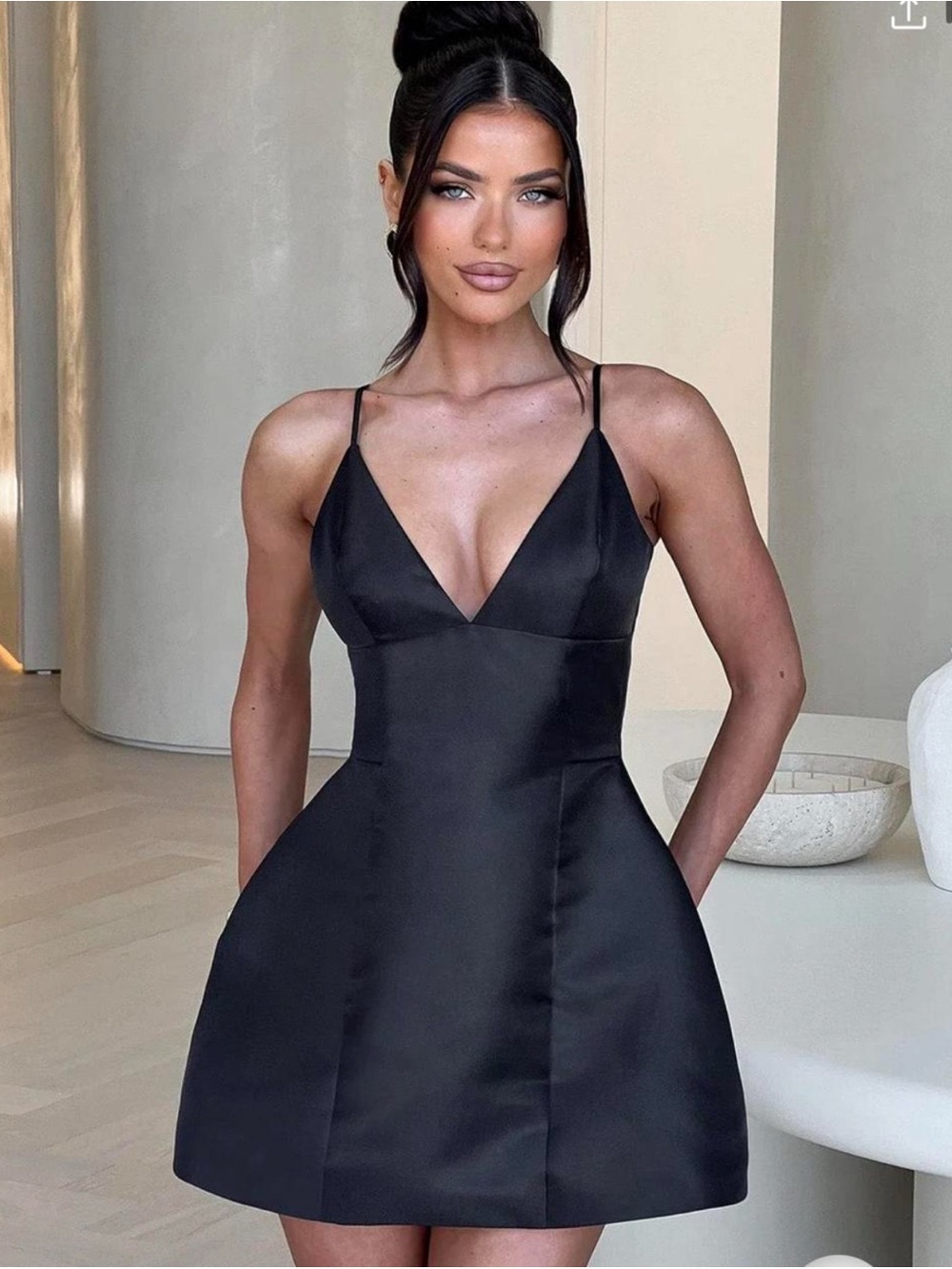 Babyboo Black Satin V-Neck Mini Dress